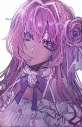 Rule 34 | 1girl, bow, braid, brooch, closed mouth, detached sleeves, dorothy (nikke), dress, frilled dress, frills, goddess of victory: nikke, hair bun, hair intakes, hair ribbon, jewelry, long hair, looking at viewer, migino, pink hair, purple bow, purple eyes, purple ribbon, ribbon, simple background, single side bun, smile, solo, upper body, white background, white dress