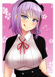 Rule 34 | 10s, 1girl, absurdres, blue eyes, blunt bangs, breasts, chips (food), dagashi kashi, floral background, flower, food, hair flower, hair ornament, hairband, highres, large breasts, light purple hair, looking at viewer, potato chips, ringed eyes, shidare hotaru, shirt, sidelocks, skirt, sky, solo, the only shoe, tongue, tongue out, upper body