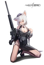 Rule 34 | absurdres, animal ears, breasts, callsign: cedar, cleavage, commentary, dress, grey eyes, gun, highres, holding, holding weapon, large breasts, military, pantyhose, shoes, short hair, side slit, skirt, vladislav ton, weapon, white background, white hair