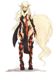 Rule 34 | 1girl, arcanine, bare shoulders, between breasts, black panties, boots, breasts, bridal gauntlets, creatures (company), emukon, front ponytail, fur-trimmed footwear, fur trim, game freak, gen 1 pokemon, highres, large breasts, legs, long hair, multicolored clothes, multicolored legwear, nintendo, panties, pelvic curtain, personification, pointy ears, pokemon, ponytail, red eyes, revealing clothes, sideboob, simple background, solo, swept bangs, tail, thigh boots, thighhighs, underwear, white background, white hair