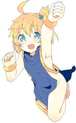 Rule 34 | 1girl, arm up, azuki akizuki, barefoot, blonde hair, blush, feet, furry, furry female, naked tabard, no panties, open mouth, original, pointy ears, simple background, smile, solo, tabard, toes, white background