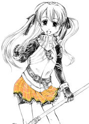 Rule 34 | 1girl, armor, armored dress, belt, bow, cecile (suikoden), gensou suikoden, gensou suikoden iii, gloves, lowres, monochrome, ogomame, orange skirt, plaid, polearm, skirt, smile, solo, spear, spot color, twintails, weapon