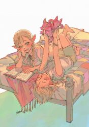 Rule 34 | 2girls, aged down, barefoot, blanket, blonde hair, book, bracelet, braid, closed eyes, closed mouth, commentary, dress, dungeon meshi, elf, english commentary, facing ahead, falin touden, full body, green shorts, grey hair, hair over shoulder, hand on own cheek, hand on own face, hand up, happy, head on hand, head rest, highres, holding, holding stuffed toy, jewelry, knees up, long hair, looking at another, looking to the side, lying, marcille donato, mints 14, multiple girls, on back, on bed, on stomach, open book, outstretched arms, pajamas, pointy ears, short dress, short hair, shorts, smile, stuffed animal, stuffed dragon, stuffed toy, tassel, white background, white dress