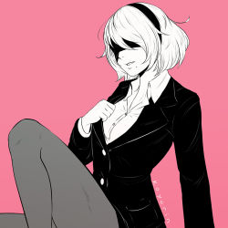 Rule 34 | 1girl, alternate costume, blindfold, breasts, collared shirt, covered eyes, formal, greyscale, greyscale with colored background, hairband, koyorin, mole, mole under mouth, monochrome, nier:automata, nier (series), pantyhose, pink background, shirt, short hair, skirt, skirt suit, solo, spot color, suit, 2b (nier:automata)