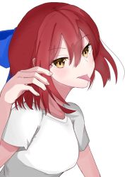 Rule 34 | 1girl, blush, bow, collarbone, kohaku (tsukihime), looking at viewer, manaty sw, md5 mismatch, orange eyes, resolution mismatch, solo, source larger, tongue, tongue out