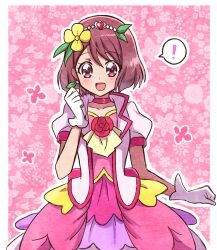 Rule 34 | !, 1girl, :d, blush, choker, collarbone, cosplay, cowboy shot, cure grace, cure grace (cosplay), dot nose, dress, earrings, floral background, flower, flower brooch, gloves, hair flower, hair ornament, hakuchuu, hanadera nodoka, healin&#039; good precure, heart, heart hair ornament, highres, jacket, jewelry, layered dress, looking at viewer, magical girl, open mouth, pink background, pink choker, pink dress, pink theme, precure, red eyes, red hair, self cosplay, short hair, smile, solo, spoken exclamation mark, standing, straight-on, white gloves, white jacket