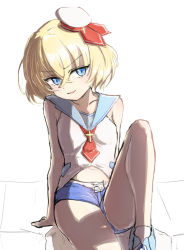 Rule 34 | 1girl, blonde hair, blue eyes, blue shorts, blush, breasts, collarbone, dress, highres, jashin-chan dropkick, knee up, lchiyoshi, lierre, looking at viewer, midriff, navel, neckerchief, open mouth, sailor collar, sailor dress, short hair, short shorts, shorts, simple background, small breasts, smile, solo, thighs, white background
