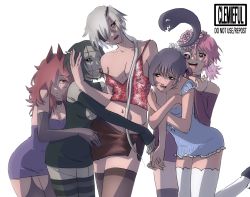 Rule 34 | 5girls, :d, arms around waist, black sclera, blue dress, blush, brain, breast cutout, breasts, bulging eyes, cigarette, cleavage, clemieful, collarbone, colored sclera, cosmo (chainsaw man), dangling eye, dress, elbow gloves, exposed brain, eye pop, eyepatch, female focus, gloves, hair between eyes, harem, highres, holding hands, horns, living hair, long (chainsaw man), long hair, looking at another, looking to the side, multiple girls, navel, open mouth, pimp, pingtsi (chainsaw man), quanxi&#039;s group (chainsaw man), quanxi (chainsaw man), short hair, simple background, skirt, smile, standing, stitched face, stitched mouth, stitches, strap slip, striped clothes, striped thighhighs, thighhighs, tsugihagi (chainsaw man), white background, white thighhighs, yuri