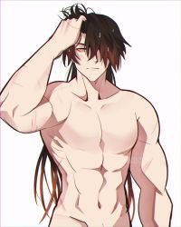 Rule 34 | 1boy, alternate pectoral size, black hair, brown hair, closed mouth, collarbone, cuts, genshin impact, hair between eyes, hair over one eye, hand in own hair, hand on own head, highres, injury, kingidol, long hair, looking at viewer, male focus, midriff, multicolored hair, navel, nude, one eye covered, pectorals, scar, scar on arm, simple background, solo, toned, toned male, wet, wet hair, white background, yellow eyes, zhongli (genshin impact)