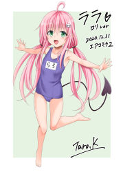 Rule 34 | 1girl, :d, age regression, aged down, bare shoulders, blue one-piece swimsuit, blush, demon tail, full body, green eyes, hair between eyes, happy, highres, kasukabe tarou, lala satalin deviluke, leg up, long hair, looking at viewer, one-piece swimsuit, open mouth, outstretched arms, peke, pink hair, school swimsuit, smile, solo, standing, standing on one leg, swimsuit, tail, to love-ru, to love-ru darkness 2nd, twintails, very long hair