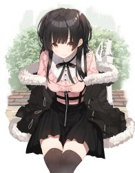Rule 34 | 1girl, absurdres, black hair, black jacket, black ribbon, black thighhighs, breasts, brown hair, closed mouth, commentary request, frilled shirt, frills, fur-trimmed jacket, fur trim, highres, idolmaster, idolmaster shiny colors, jacket, long hair, long sleeves, looking at viewer, mayuzumi fuyuko, medium breasts, off shoulder, pink shirt, pleated skirt, ribbon, senmu (senmudayo), shirt, sitting, skirt, sleeves past wrists, solo, thighhighs, white shirt, zettai ryouiki, zipper
