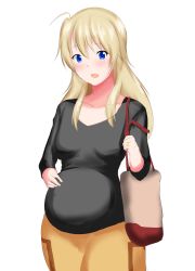 Rule 34 | :d, ahoge, bag, black shirt, blonde hair, blue eyes, cowboy shot, gastropher, hair between eyes, highres, jewelry, long hair, new game!, open mouth, ornate ring, pregnant, ring, shirt, shoulder bag, simple background, smile, solo, standing, tagme, wedding ring, white background, yagami kou