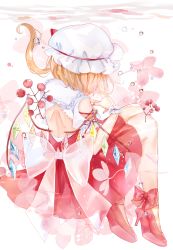 Rule 34 | 1girl, ascot, back cutout, bare back, bare shoulders, blonde hair, bow, clothing cutout, commentary request, crystal, flandre scarlet, frilled shirt collar, frills, from behind, full body, hat, hat bow, high heels, highres, knees up, long hair, miniskirt, mob cap, moko (mokochisa), nail polish, one side up, own hands together, puffy short sleeves, puffy sleeves, red bow, red footwear, red nails, red skirt, red vest, shirt, shoe soles, short sleeves, shoulder cutout, sitting, skirt, skirt set, solo, steepled fingers, thighs, touhou, vest, white background, white hat, white shirt, wings, yellow ascot