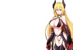 Rule 34 | 1girl, blonde hair, blush, breasts, choker, claws, cleavage, closed mouth, covered erect nipples, game cg, groin, hair between eyes, horns, large breasts, legs, long hair, nuko majin, red eyes, revealing clothes, simple background, smile, solo, standing, tattoo, tearju lunatique, thighs, thong, to love-ru, to love-ru darkness