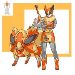 1girl artist_name boots creatures_(company) crossed_arms dress flareon full_body game_freak gen_1_pokemon gloves helmet highres mecha nintendo orange_background orange_dress orange_footwear orange_gloves orange_helmet pokemon pokemon_(creature) power_rangers robot solo staff_(weapon) standing super_sentai to_ze white_background