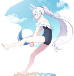 Rule 34 | 1girl, animal ears, ball, bare legs, bare shoulders, barefoot, beachball, black one-piece swimsuit, blue archive, blue halo, blush, commentary, fake animal ears, frilled one-piece swimsuit, frills, full body, halo, hibi tsuna, highres, long hair, miyako (blue archive), miyako (swimsuit) (blue archive), official alternate costume, one-piece swimsuit, open mouth, ponytail, purple eyes, rabbit ears, solo, swimsuit, white hair