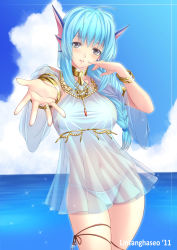 Rule 34 | 1girl, blue hair, blush, bracelet, braid, contrapposto, emil chronicle online, fins, head fins, highres, jewelry, leg ribbon, lintanghaseo, looking at viewer, lots of jewelry, necklace, ocean, outstretched hand, panties, parted lips, ribbon, rorona, see-through, shirt, standing, taut clothes, taut shirt, thigh ribbon, underwear