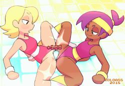 Rule 34 | 2018, 2girls, animated, animated gif, arm support, artist name, blush, clothed sex, clothing aside, colo (nagrolaz), dark-skinned female, dark skin, dildo, double dildo, elodie (ok k.o.!), enid (ok k.o.!), headband, high ponytail, kneehighs, large insertion, leotard, leotard aside, looking at another, multiple girls, ok k.o.! let&#039;s be heroes, open mouth, ponytail, purple hair, pussy, sex, sex toy, shared object insertion, short hair, short ponytail, sleeveless, smile, socks, spread legs, uncensored, vaginal, white legwear, white wristband, wristband, yellow headband, yellow legwear, yellow wristband, yuri