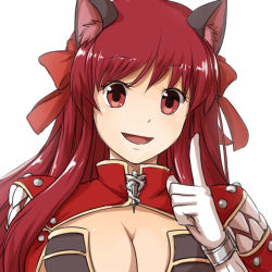 Rule 34 | 1girl, animal ear fluff, animal ears, bow, breasts, brown dress, caduceus, cape, cat ears, cleavage, commentary request, creator (ragnarok online), dress, female focus, gloves, hair bow, large breasts, living clothes, long hair, looking at viewer, natsuya (kuttuki), open mouth, pointing, pointing up, ragnarok online, red bow, red cape, red eyes, red hair, simple background, smile, solo, strapless, strapless dress, teeth, upper body, white background, white gloves