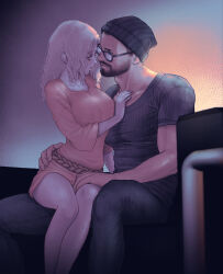Rule 34 | 1boy, 1girl, beanie, beard, belt, black headwear, black pants, blonde hair, breasts, brown eyes, closed mouth, collarbone, couch, dark, dress, face-to-face, facial hair, feet out of frame, glasses, hand on another&#039;s chest, hand on another&#039;s hip, hand on another&#039;s thigh, hand up, hat, hetero, highres, kiske, large breasts, long hair, looking at another, looking down, mustache, orange dress, original, pants, parted bangs, profile, ribbed shirt, shirt, short dress, short sleeves, sideburns, sitting, sitting on lap, sitting on person, smile, tight clothes, tight shirt, toned, toned male