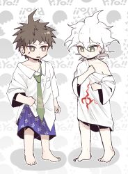Rule 34 | 2boys, aged down, ahoge, barefoot, blue shorts, breast pocket, brown hair, children&#039;s day, collared shirt, commentary, danganronpa (series), danganronpa 2: goodbye despair, dot nose, english commentary, floral print, frown, full body, green eyes, green necktie, grey background, hinata hajime, komaeda nagito, long shirt, long sleeves, looking down, loose necktie, male focus, multiple boys, necktie, open mouth, outline, oversized clothes, pocket, print necktie, print shirt, print shorts, seumol sx, shirt, short hair, shorts, single bare shoulder, sleeves past elbows, spiked hair, standing, sweat, very short hair, white hair, white outline, white shirt