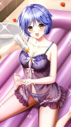 Rule 34 | 1girl, :d, bare arms, bare legs, barefoot, blue hair, blush, bob cut, collarbone, doukyuusei, doukyuusei another world, game cg, holding, looking at viewer, open mouth, panties, purple negligee, purple panties, ribbon, short hair, side-tie panties, smile, soles, solo, tamachi hiromi, underwear, white ribbon, yellow eyes