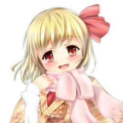 Rule 34 | 1girl, blonde hair, embodiment of scarlet devil, fang, female focus, hair ribbon, highres, red eyes, ribbon, rumia, scarf, solo, touhou, toumin