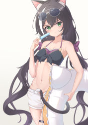 Rule 34 | 1girl, absurdres, animal ear fluff, animal ears, bikini, bikini top only, black bikini, black hair, blush, bow, breasts, cat ears, cat girl, cat tail, cleavage, collarbone, cowboy shot, eyewear on head, food, green eyes, hair between eyes, hair bow, highres, innertube, karyl (princess connect!), karyl (summer) (princess connect!), long hair, looking at viewer, low twintails, nail polish, natsugou shinogi, navel, open fly, pink nails, popsicle, princess connect!, purple bow, short shorts, shorts, simple background, small breasts, solo, standing, sunglasses, swim ring, swimsuit, tail, twintails, very long hair, white-framed eyewear, white background, white shorts