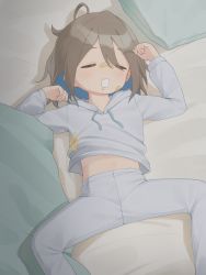 Rule 34 | 1girl, absurdres, ahoge, bandaid, bandaid on face, bandaid on nose, bed, bed sheet, brown hair, closed eyes, do it yourself!!, drooling, eyebrows, facing viewer, fang, female focus, from above, highres, huge filesize, indoors, lying, matanukinuki, midriff, navel, on back, on bed, open mouth, pajamas, pillow, short hair, sleeping, solo, spread legs, yua serufu