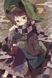 Rule 34 | 1girl, absurdres, ahoge, animal ears, bell, brown eyes, brown hair, brown skirt, checkered background, checkered clothes, checkered scarf, closed mouth, feet out of frame, futatsuiwa mamizou, glasses, green hat, green kimono, hat, hat bell, highres, japanese clothes, jingle bell, kimono, long sleeves, looking at viewer, nikorashi-ka, raccoon ears, raccoon tail, scarf, short hair, skirt, solo, tail, touhou, wide sleeves