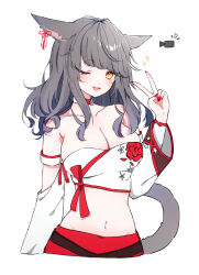 Rule 34 | 1girl, absurdres, animal ears, bandeau, black hair, breasts, cat ears, cat tail, choker, cleavage, cropped torso, detached sleeves, facial mark, final fantasy, final fantasy xiv, highres, large breasts, long hair, looking at viewer, miqo&#039;te, navel, one eye closed, open mouth, sana (sanamaru 0w0), slit pupils, solo, strapless, tail, v, whisker markings, white background, yellow eyes