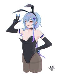 Rule 34 | 1boy, ;p, absurdres, arknights, blue hair, chinese commentary, collar, elbow gloves, gloves, hair between eyes, highres, long hair, looking at viewer, male focus, mizuki (arknights), one eye closed, pantyhose, pink eyes, smile, solo, tongue, tongue out, trap, variant set, yinchazhushoushiyi