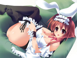 Rule 34 | 1girl, :p, animal ears, apron, breasts, brown hair, rabbit ears, cleavage, dragonmaterial, feet, highres, large breasts, lying, original, solo, thighhighs, tongue, tongue out