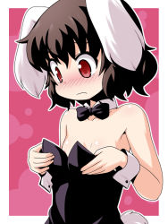 Rule 34 | 1girl, animal ears, areola slip, black hair, blush, detached collar, female focus, flat chest, haruna mao, inaba tewi, leotard, md5 mismatch, nose blush, playboy bunny, rabbit ears, rabbit girl, rabbit tail, red eyes, resolution mismatch, solo, source smaller, tail, touhou, wrist cuffs