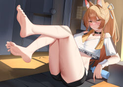 Rule 34 | 1girl, absurdres, animal ear fluff, animal ears, arknights, bare legs, bare shoulders, barefoot, black choker, black shorts, blush, bottle, breasts, brown eyes, brown hair, chinese commentary, choker, cleavage, closed mouth, clothes writing, crop top, feet, feet up, foot focus, fox ears, fox girl, franka (arknights), full body, hair ribbon, highres, holding, holding bottle, indoors, lahz52, large breasts, legs, legs up, long hair, looking at viewer, midriff, off-shoulder shirt, off shoulder, ponytail, ribbon, shirt, short shorts, short sleeves, shorts, sitting, smile, soles, solo, sunlight, sweat, thighs, toes, towel, towel around neck, water bottle, white shirt