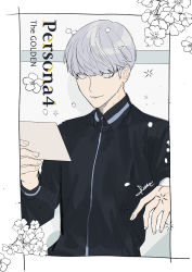 Rule 34 | 1boy, black shirt, btmr game, copyright name, flower, grey eyes, holding, long sleeves, male focus, narukami yuu, persona, persona 4, persona 4 the golden, shirt, signature, silver hair, simple background, smile, solo, upper body, white flower