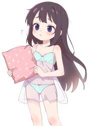 Rule 34 | 1girl, absurdres, aqua bra, aqua panties, bare arms, bare shoulders, blue eyes, blush, body blush, bow, bow panties, bra, brown hair, embarrassed, feet out of frame, flat chest, flying sweatdrops, furrowed brow, heart, heart print, highres, holding, holding pillow, lingerie, lk149, long hair, original, panties, parted lips, pillow, see-through, shoulder blush, simple background, solo, standing, straight hair, underwear, underwear only, white background