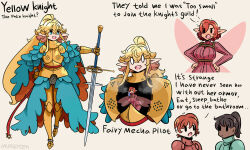 Rule 34 | 4girls, :d, armor, belt, blonde hair, blue eyes, brown hair, dark skin, english text, fairy, fairy wings, full armor, gauntlets, hands on own hips, harness, highres, jitome, multiple girls, murgoten, o o, open mouth, original, pale skin, pointy ears, ponytail, red hair, short hair, sidelocks, smile, steam, sword, two-handed sword, weapon, wings, yellow knight (murgoten)