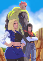 Rule 34 | 1girl, 2boys, android 16, android 17, android 18, black hair, blonde hair, blue eyes, blurry, blurry background, breasts, crossed arms, dragon ball, dragonball z, hands on own hips, highres, large breasts, lips, multiple boys, muscular, muscular male, navel, orange hair, pants, rock, short hair, signature, size difference, skirt, smile, thighs, tovio rogers