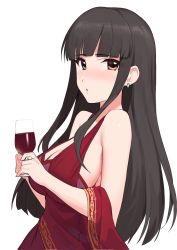 Rule 34 | 1girl, absurdres, black hair, blunt bangs, breasts, brown eyes, cleavage, cocktail dress, cup, dress, earrings, from side, highres, holding, holding cup, idolmaster, idolmaster shiny colors, jewelry, kurokawa chiaki, large breasts, long hair, looking at viewer, onao, open mouth, red dress, sideboob, sidelocks, simple background, sleeveless, sleeveless dress, solo, standing, straight hair, very long hair, white background