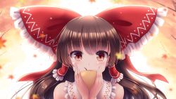 Rule 34 | 1girl, apple, autumn leaves, barefoot, bow, brown hair, commentary request, eyes visible through hair, food, frilled bow, frills, fruit, hair bow, hair tubes, hakurei reimu, highres, large bow, long sleeves, looking at viewer, lzh, red bow, red eyes, solo, touhou