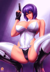 Rule 34 | 1girl, belt, boots, breasts, cameltoe, cleavage, cleft of venus, fingerless gloves, ghost in the shell, ghost in the shell stand alone complex, gloves, gun, handgun, high heel boots, high heels, highleg, highleg leotard, highres, kusanagi motoko, large breasts, leotard, lipstick, looking at viewer, makeup, pistol, purple hair, red eyes, short hair, solo, spread legs, squatting, svoidist, thighhighs, weapon, white thighhighs