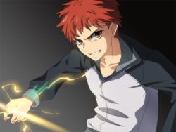 Rule 34 | 1boy, anime coloring, brown eyes, emiya shirou, fate/stay night, fate (series), glowing, glowing weapon, jacket, male focus, red hair, solo, track jacket, tukno, weapon
