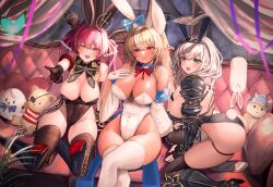 Rule 34 | 3girls, adapted costume, all fours, animal ears, armor, armored boots, armpit crease, ass, bare shoulders, black leotard, black thighhighs, blonde hair, blue leotard, blush, boots, bracer, breasts, cleavage, closed mouth, commentary request, couch, covered navel, crossed legs, dark-skinned female, dark skin, detached sleeves, elf, fake animal ears, fake tail, fingerless gloves, gloves, green eyes, grey hair, hair ribbon, hat, heterochromia, highleg, highleg leotard, highres, hololive, houshou marine, large breasts, leotard, long hair, looking at viewer, maison de cante, medium hair, mini hat, multiple girls, on couch, open mouth, pauldrons, pillow, playboy bunny, pointy ears, rabbit ears, rabbit tail, red eyes, red hair, red ribbon, ribbon, shiranui flare, shiranui flare (1st costume), shirogane noel, shirogane noel (1st costume), shoulder armor, sitting, skindentation, smile, stuffed animal, stuffed toy, tail, thick thighs, thigh gap, thigh strap, thighhighs, thighhighs under boots, thighs, twintails, virtual youtuber, white gloves, white leotard, white thighhighs, wide hips, yellow eyes, yokozuwari