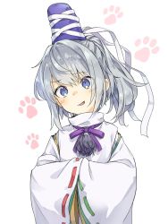 Rule 34 | 1girl, akizuki haruhi, blouse, blue eyes, blue hat, blush, commentary request, eyes visible through hair, hair between eyes, hat, hat ribbon, head tilt, long sleeves, looking at viewer, mononobe no futo, neck ribbon, parted lips, paw print, pom pom (clothes), ponytail, purple ribbon, ribbon, ribbon-trimmed sleeves, ribbon trim, shirt, short hair, silver hair, simple background, smile, solo, tate eboshi, touhou, upper body, white background, white ribbon, white shirt, wide sleeves