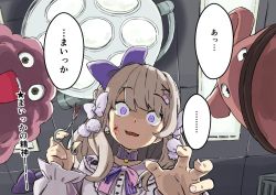 Rule 34 | 1girl, blonde hair, blood, blood on face, from below, hair ornament, hair ribbon, hairclip, indie virtual youtuber, lights, long hair, looking at viewer, open mouth, pom pom (clothes), purple eyes, ribbon, scissors, smile, surgery, translated, upper body, vanilla (nekomist), virtual youtuber, watagashi unou, wide-eyed