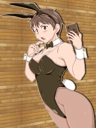 Rule 34 | 1girl, alternate costume, animal ears, black bow, black bowtie, black leotard, blush, bow, bowtie, breasts, brown eyes, brown hair, cellphone, cleavage, collar, commentary request, covered navel, detached collar, dutch angle, emblem, fake animal ears, fake tail, freckles, frown, girls und panzer, highleg, highleg leotard, holding, holding phone, leotard, looking at viewer, medium breasts, naomi (girls und panzer), open mouth, outline, pantyhose, phone, playboy bunny, rabbit ears, rabbit tail, see-through, see-through legwear, selfie, short hair, smartphone, solo, standing, star (symbol), sweat, tail, tanaka rikimaru, very short hair, white collar, white outline, wing collar, wooden wall, wrist cuffs