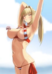 Rule 34 | 1girl, ahoge, arm behind head, armpits, arms up, bare shoulders, bikini, blonde hair, blue sky, blush, breasts, censored, censored nipples, character censor, chibi, cleavage, closed eyes, cloud, collarbone, criss-cross halter, fate/grand order, fate (series), gachou, hair intakes, halterneck, highres, large breasts, long hair, motion lines, navel, nero claudius (fate), nero claudius (fate) (all), nero claudius (swimsuit caster) (fate), nipple slip, nipples, novelty censor, one breast out, outdoors, pointless censoring, red bikini, road, sky, solo, standing, street, striped bikini, striped clothes, swimsuit, thighs, twintails