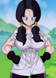 Rule 34 | 1girl, alternate breast size, black gloves, black hair, black shorts, blue eyes, breasts, dragon ball, dragonball z, gloves, highres, large breasts, long hair, looking at viewer, muscular, muscular female, serious, shorts, solo, ttrop, twintails, videl