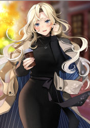 Rule 34 | 1girl, absurdres, alternate costume, black dress, blonde hair, blue eyes, blush, coat, coat on shoulders, coffee cup, cowboy shot, cup, disposable cup, dress, highres, holding, holding cup, hornet (kancolle), jewelry, kantai collection, long hair, long sleeves, necklace, open mouth, smile, solo, white coat, yunamaro
